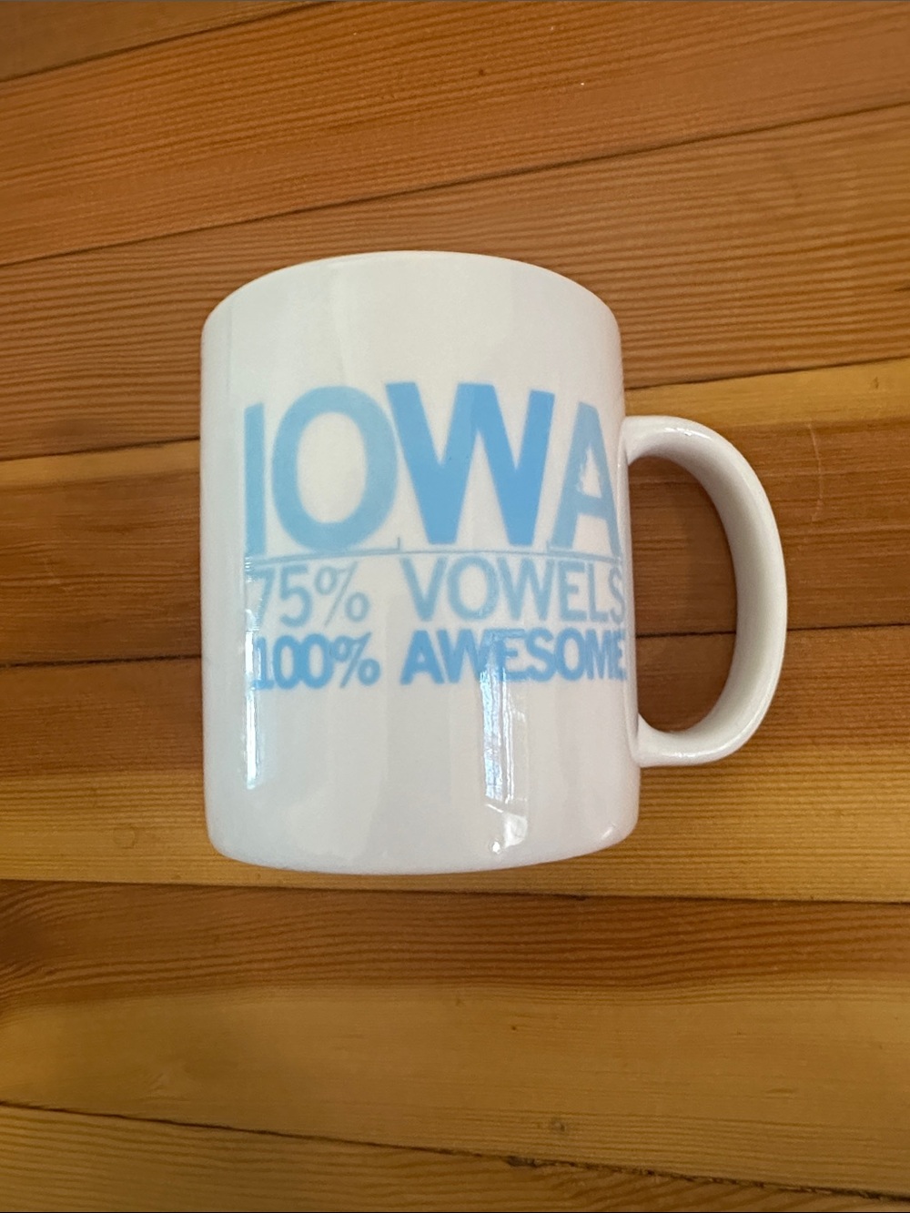 White Iowa Ceramic Coffee Mug with Light Blue Text